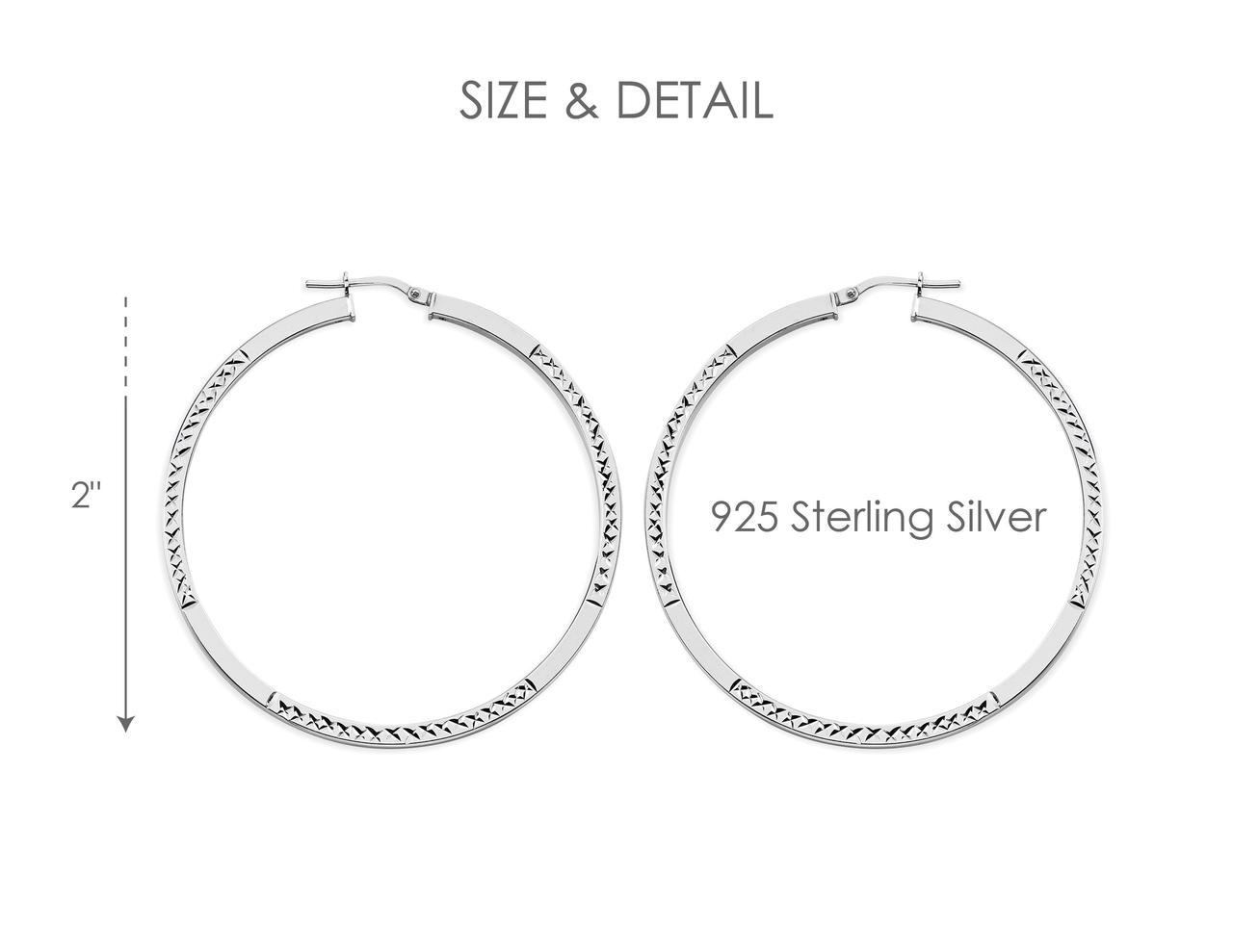 Brilliance Fine Jewelry Rhodium Plated Sterling Silver Diamond Cut Square Tube Women's Hoops