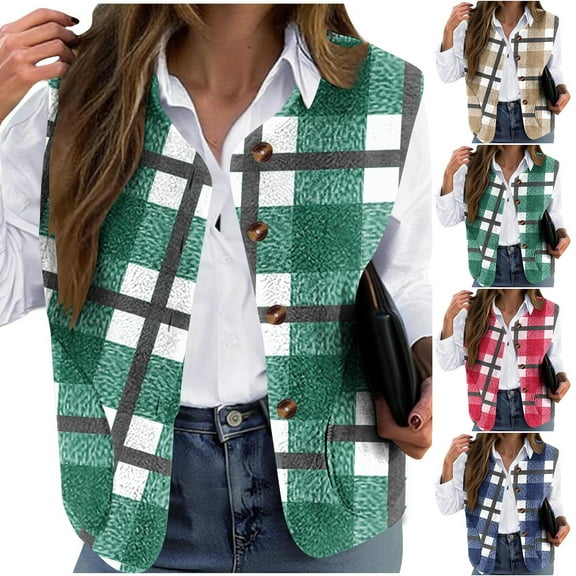 Ashirexll Fleece Vest Women, Womens Winter Coats, Casual Warm Double Sided Winter Daily Printed Loose Collarless Button Coat