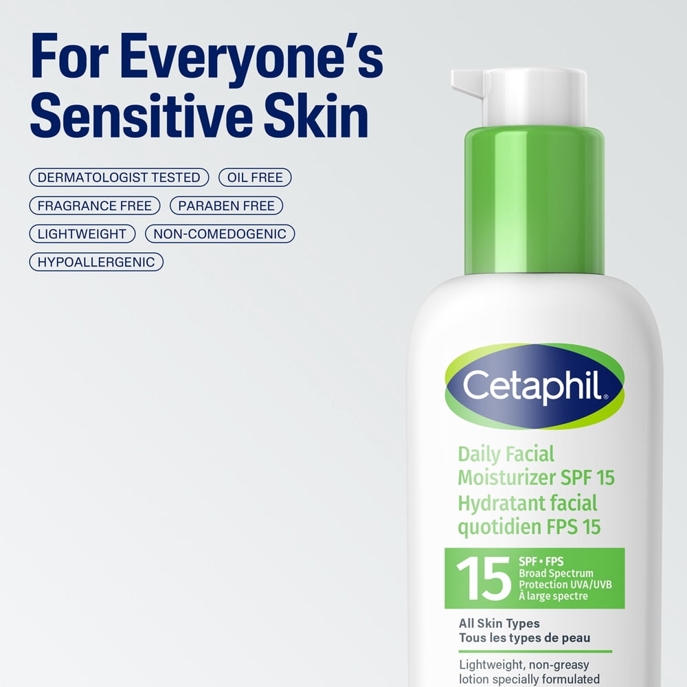 Hydratant facial quotidien Cetaphil FPS 15 | Hydratant léger pour le visage avec protection à large spectre | Sans huile, ni parfum, ni parabènes | Non comédogène | Recommandé par les dermatologues