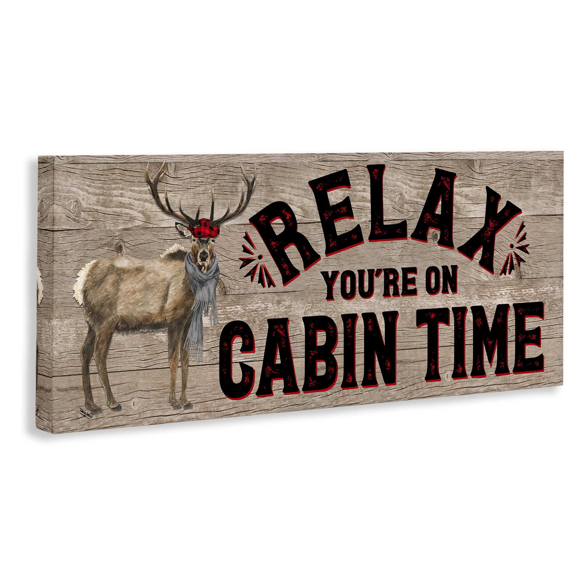 Stupell Industries Cabin Time Phrase with Deer Animals & Insects Painting Gallery Wrapped Canvas Art Print Wall Art, 30 x 13