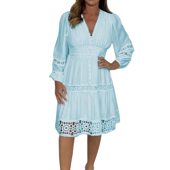Npasoilc Dresses for Women Fashion Women Summer Casual V-Nek Long Sleeve Solid Mid-Calf Dress