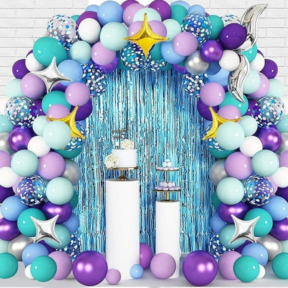 MMTX Mermaid Birthday Decoration, Purple Blue Balloon Arch Mermaid Party Balloon with Mermaid Tail Tassels Star Foil Balloon for Mermaid Girl Party Baby Shower