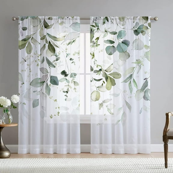 Green Eucalyptus Leaves Curtains for Living Room 84 inch Length 2 Panels Set Elegant Dragonfly Floral Spring Printed Window Curtain Natural Sheer Chiffon Drapes for Bedroom