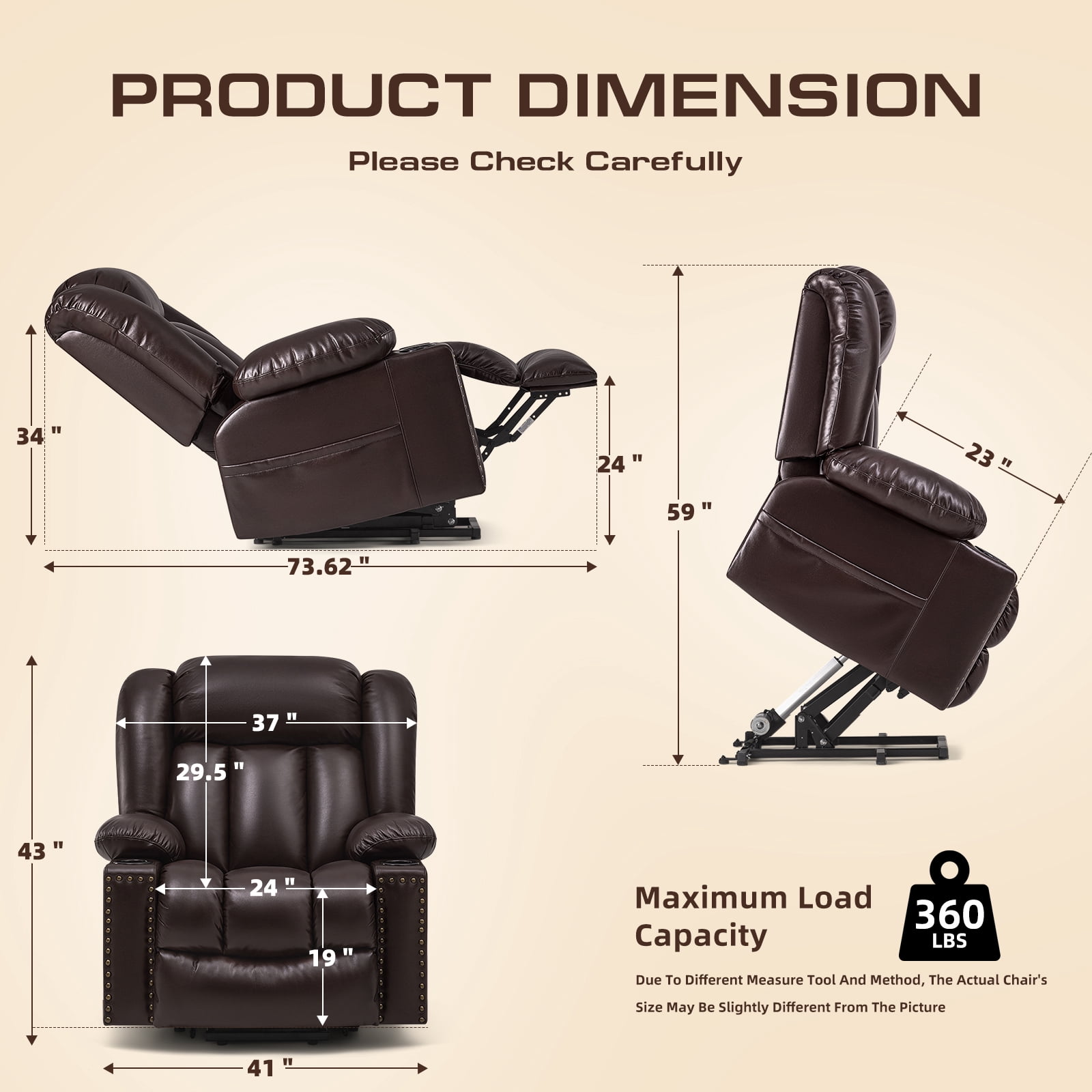 Large Power Lift Chairs Recliners for Elderly with Heated and Massage, Overstuffed Adjustable Lift Chairs, 3 Positions, Breathable Leather, USB-A and USB-C, Cup Holder, Side Pocket, Dark Brown