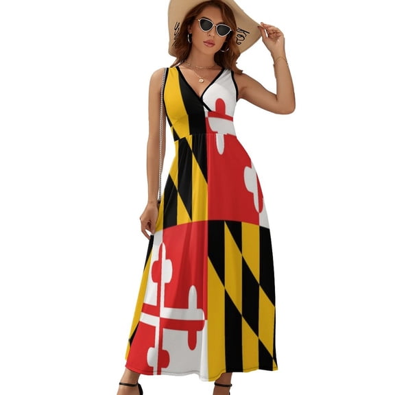 Maryland Flag Dress Summer Street Style Bohemia Long Dresses Female Sleeveless Printed Maxi Dress