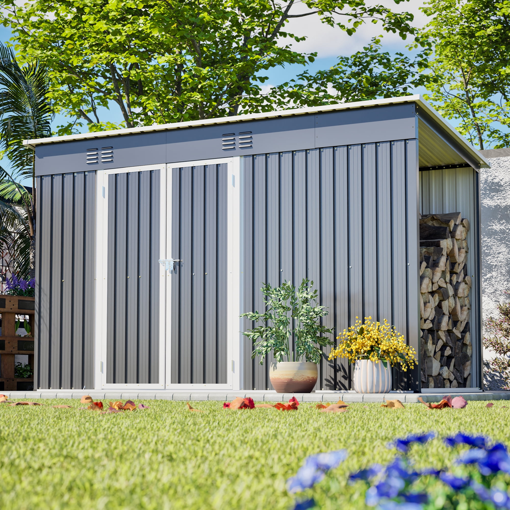 Jopath 10ft x 4ft Outdoor Metal Storage Shed with Floor Frame and Lockable Door for Garden, Lawn Gray