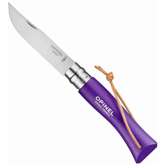 Opinel Colorama Series No. 7 - Stainless Steel Everyday Carry Folding Pocket Knife with Leather Strap, Painted Hornbeam Handles