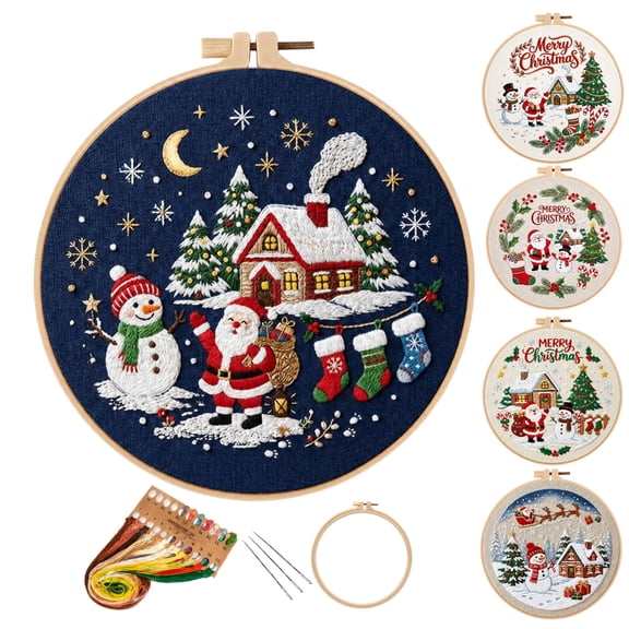 Christmas Beginners Embroidery Kit for adults , DIY Cross Stitch Set with Pre-Printed Fabric Hoop Floss Needles, christmas crafts, A