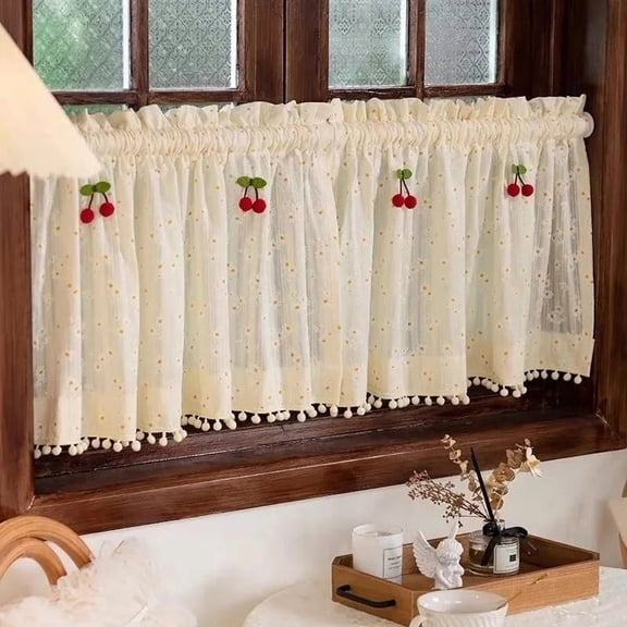 Pastoral Daisy Short Curtain Valance Kitchen Half Drape with Red Cherry Small Window Cabinet Porch Living Room Tassel Curtain