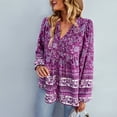 thumbnail image 3 of Camisas bohemias informales para mujer, estampado floral, con botones, cuello en V, manga larga, con cordón, blusas sueltas y fluidas, color morado M, 3 of 6