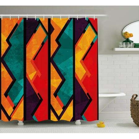 Bold Curtain Fabric Modern Shower Curtain, Geometric Modern Art Ethnic Design with Black Bold Zig Zag Borders Pattern, Fabric Bathroom Set with Hooks, Teal Orange Marigold, by Ambesonne ()