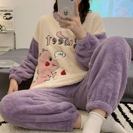

DanceeMangoo Autumn Winter New Warm Flannel Womens Pajamas Set Long-sleeved Trousers Two-piece Set Cute Soft Home Wear Clothes for Women