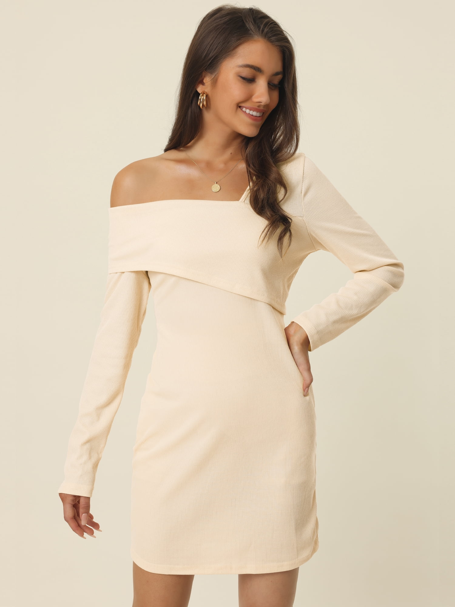 Unique Bargains Women's 2023 Elegant Long Sleeve Off Shoulder Bodycon Mini Dress S Beige