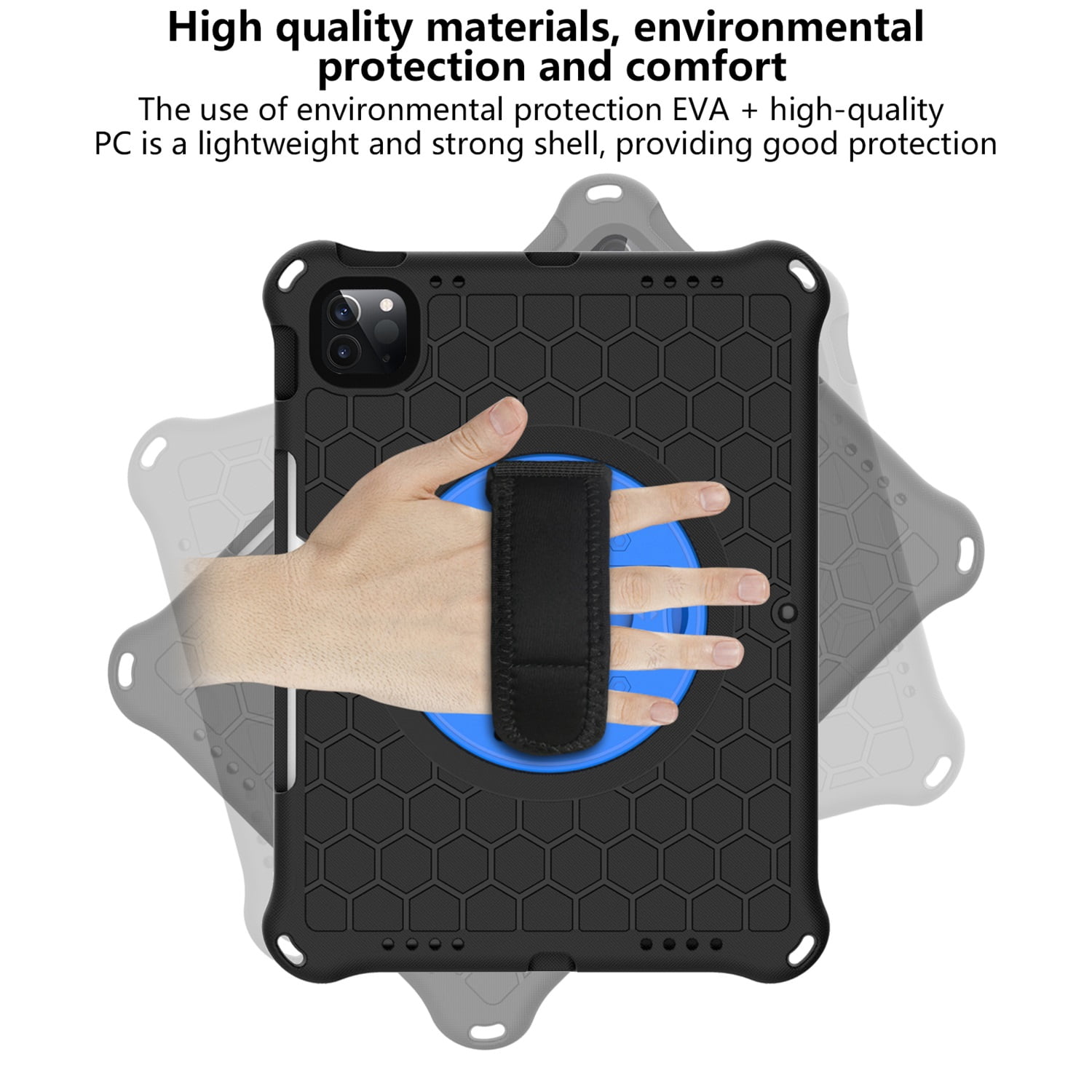 SaniMore for iPad 10th Generation 10.9" 2022 Case with 360° Rotatable Hand Strap, EVA & PC Case with Pencil Holder & Shoulder Strap Multi-Angle Kickstand Shockproof Protective Case, Black+Blue