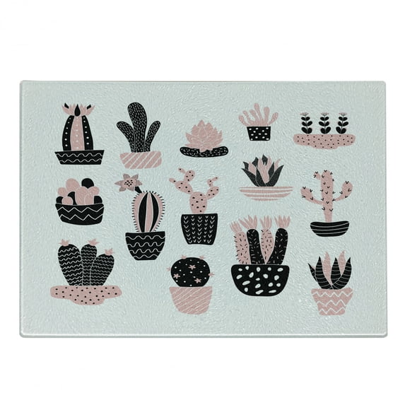 Cactus Cutting Board, Succulent Garden Illustration with Different Houseplants, Decorative Tempered Glass Cutting and Serving Board, Small Size, Pale Pink White, by Ambesonne