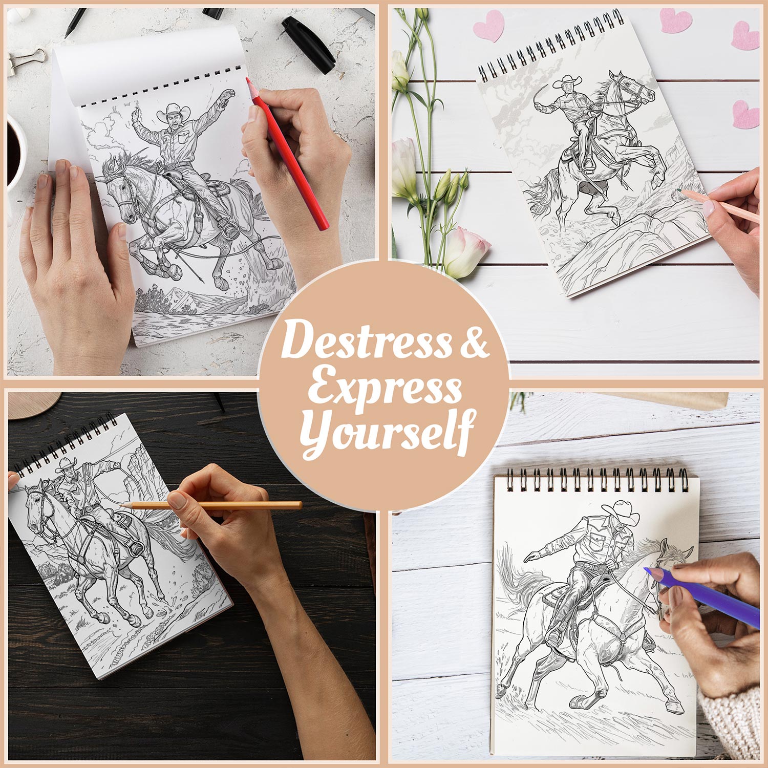 Netecom Wild Rodeo Coloring Book for Adults, A5 Wooden Cover, Spiral Bound, 30 Wild West Coloring Pages of Cowboy Rodeo Adventure for Stress Relief and Relaxation