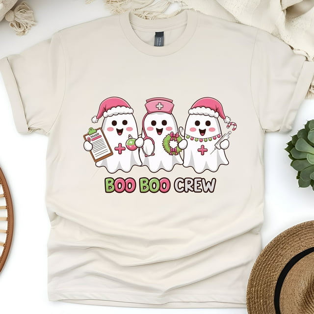 T-shirt d'Infirmière Boo Boo / Tee-Shirt Graphique de Noël avec Fantôme Mignon, Naturel, Taille g