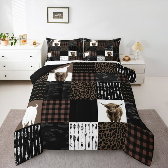 Manfei Cute Highland Cow Bedding Comforter Set,Brown Leopard Print Twin Comforter Sets,Patchwork Geometric Plaid Bedding Set For Girls Boys,Breathable Home Decor Reversible,2-Piece