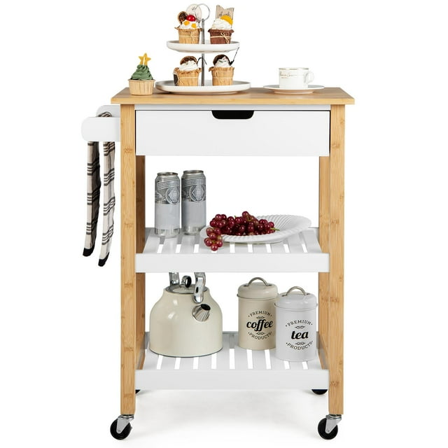 Giantex 3-tier Rolling Kitchen Cart, Service Trolley w/Natural Bamboo Countertop, Natural