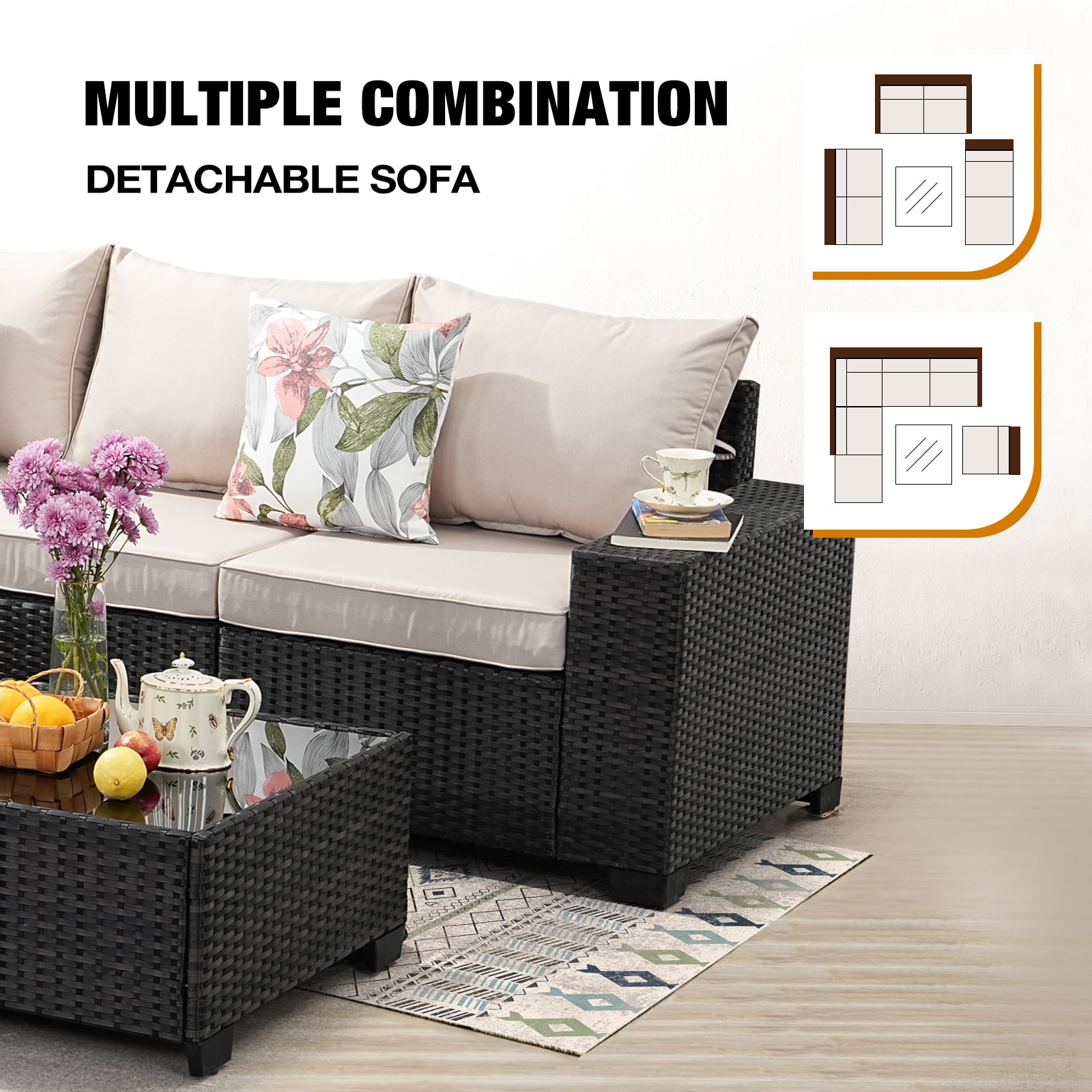 JOYURE 7 Pieces Patio Furniture set All-Weather Outdoor Wicker Sectional Conversation Sofa Rattan patio seating sofa with cushion and Glass Table and Ottoman for Porch Poolside,Beige