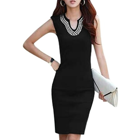 - Women's Sleeveless Split Neck Beads Unlined Casual Sheath Dress Black (Size S / 4)