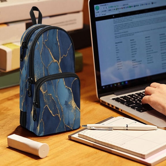 Backpack Pencil Case, 3 Compartment Large Capacity Oxford Fabric Pencil Pouch / Dark Blue Marble Veins
