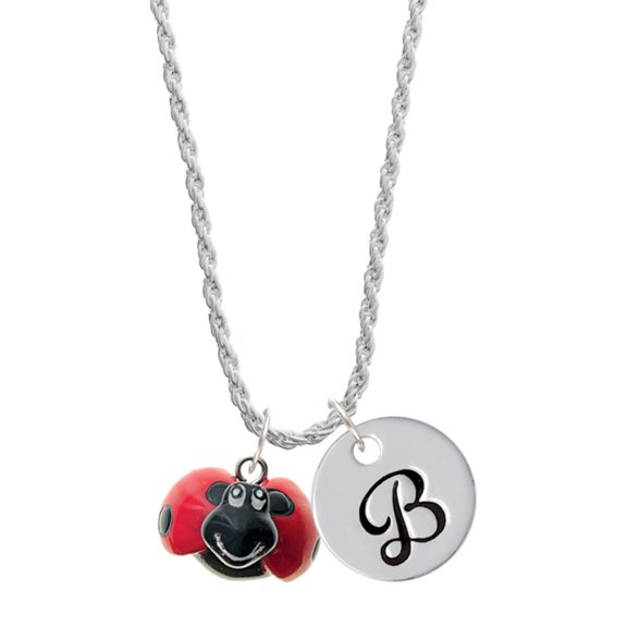 Delight Jewelry Resin Red & Black Ladybug Sweetie Silvertone Script Initial Disc - B - Charm Necklace, 20"+3"