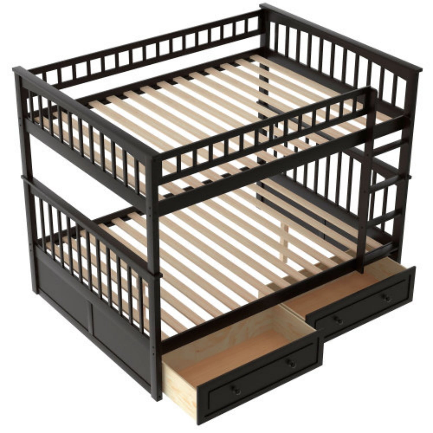 Full Over Full Bunk Bed with Storage Drawers, Convertible Wood Bunk Bed Frame with Safety Guardrails, Solid Pine Wood Kids & Adult Bed for Bedroom, Espresso