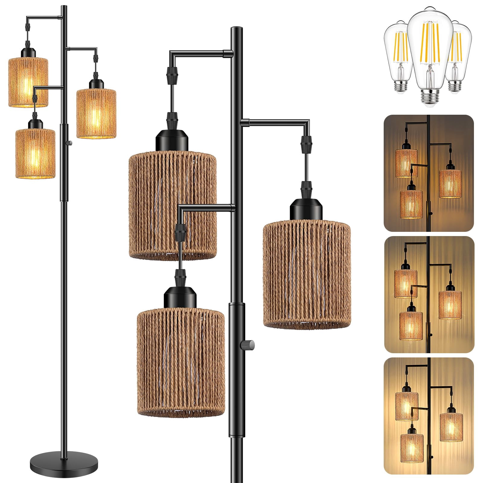 72" Boho Rattan Floor Lamp with Hand-Woven Paper Cord Shade, Dimmable Tree Lamp for Living Room