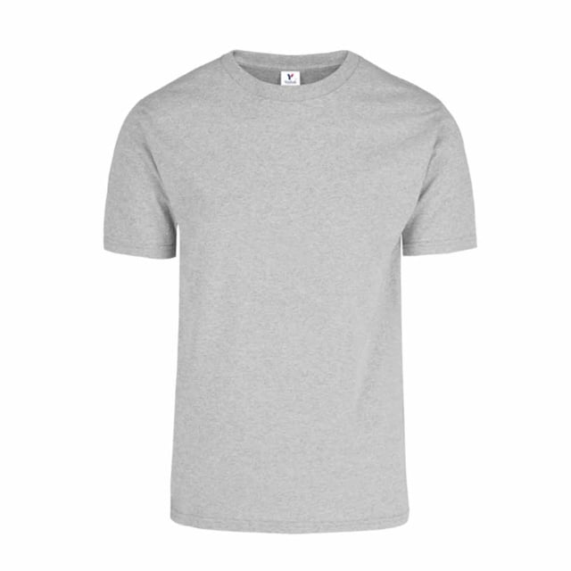 playera para caballero, color gris jaspe, tamaño mediana Vista frontal y centrada de playera de manga corta con cuello redondo; silueta recta, cuello acanalado y textura de punto jaspeado visible; etiqueta interior con marca Yazbek; fondo blanco. Adecuada para serigrafía o bordado.