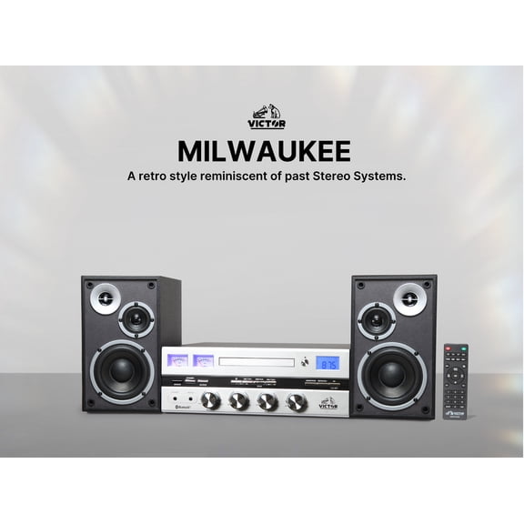 VICTOR Milwaukee 50 Watt Desktop Bluetooth Stereo System with CD/MP3 Player, FM Radio, Functioning VU Meters, Wireless Remote Control and Detached Stereo Speakers, Silver (VDTS-4450-SL)