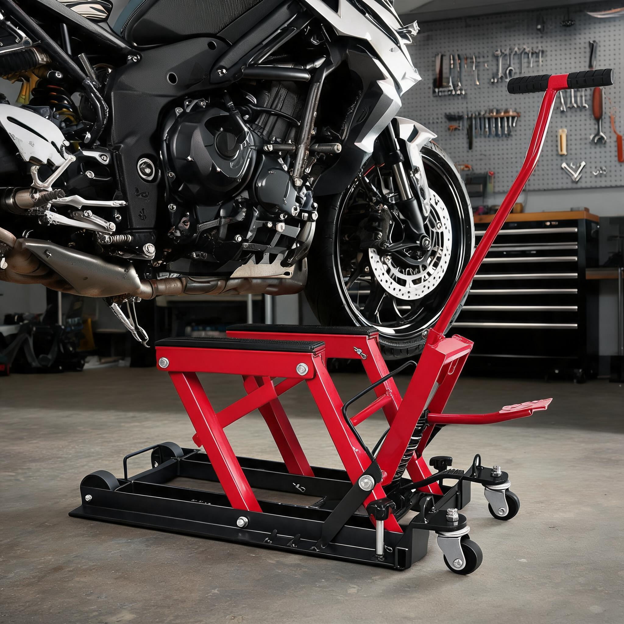 Hydraulic Motorcycle Lift Jack, 1500 LBS Capacity, ATV Scissor Lift Jack Portable Motorcycle Lift Table with 4 Casters, Hydraulic Foot-Operated Hoist Stand for Motorcycle ATV UTV Powersports