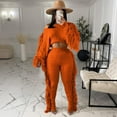 thumbnail image 2 of Jinhomg 2 Piece Outfits for Women Fall Winter Trendy Knit Tassels Outfits Casual Cozy Long Sleeves Crop Sweater Top with Bodycon Pants Orange M, 2 of 8