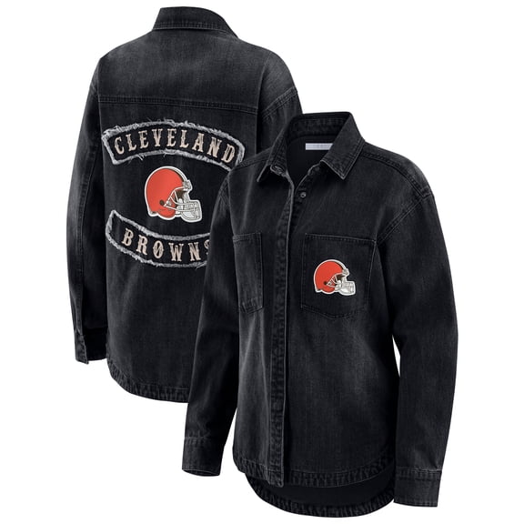 Women's WEAR by Erin Andrews Black Cleveland Browns Washed Oversized Denim Full-Snap Shacket