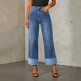 thumbnail image 2 of 26" Inseam Straight Leg Jeans for Women Trendy Cropped High Waisted Cuffed Hem Stretchy Boyfriend Capri Jeans with Pockets Light Blue S, 2 of 6