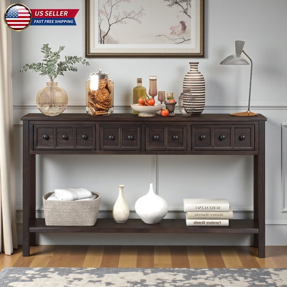 Hassch Farmhouse Wood Console Table in Espresso, 60" Long Distressed Entryway Table with 4 Drawers & Open Shelf, for Hallway, Living Room or Behind Couch