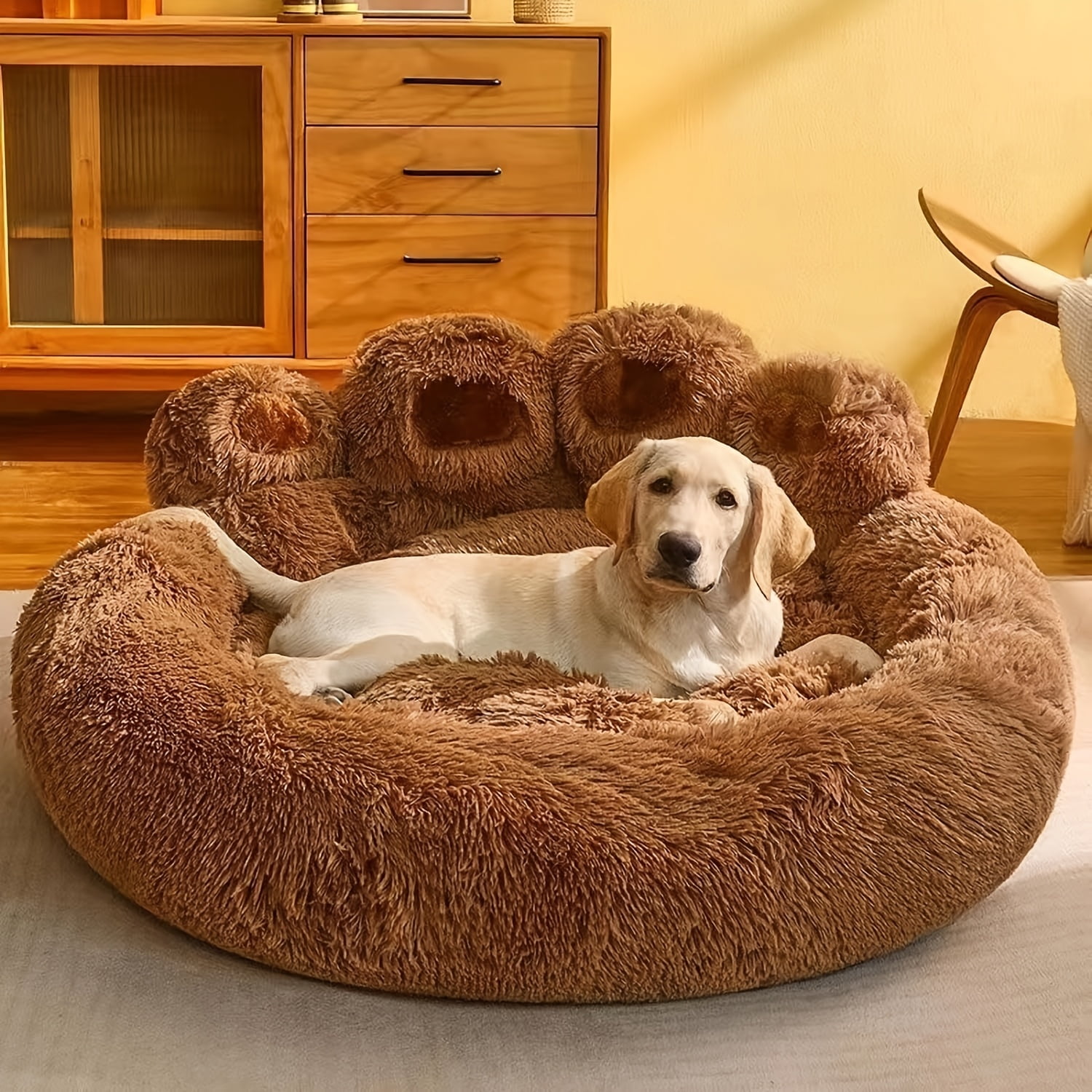 Kylinsure Paw Shape Calming Pet Bed, Plush Faux Fur Donut Bed for Dogs & Cats, Machine Washable, Non-Slip Bottom
