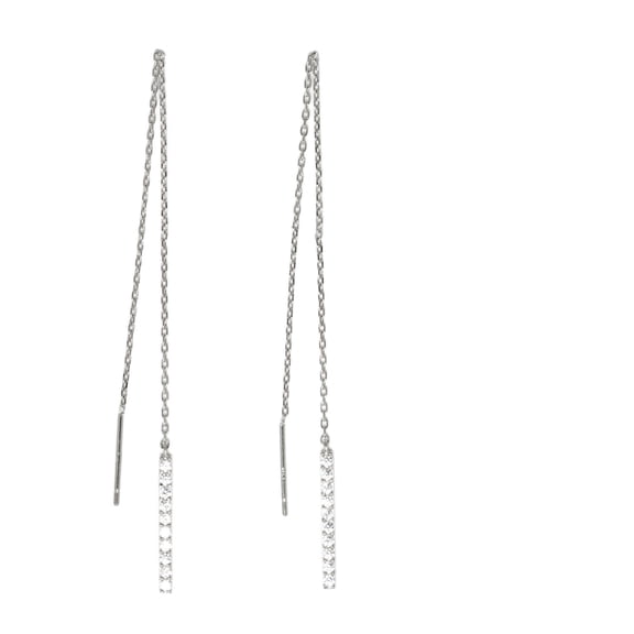 Thread-Through CZ Small Bar Chain Earrings in 14K White Gold