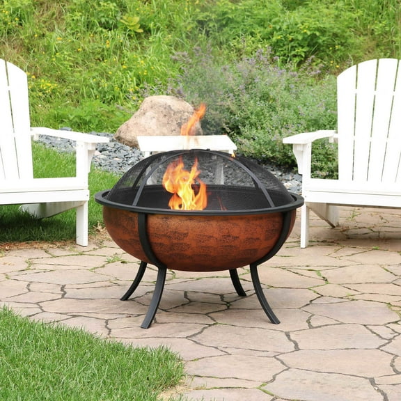 Sunnydaze 32" Round Wood-Burning Copper Finish Steel Fire Pit Bowl with Spark Screen