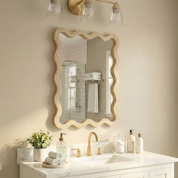 Irregular Wall Mirror with Solid Wood Frame, 22"x30" Wavy Boho Mirror, Boho Room Decor