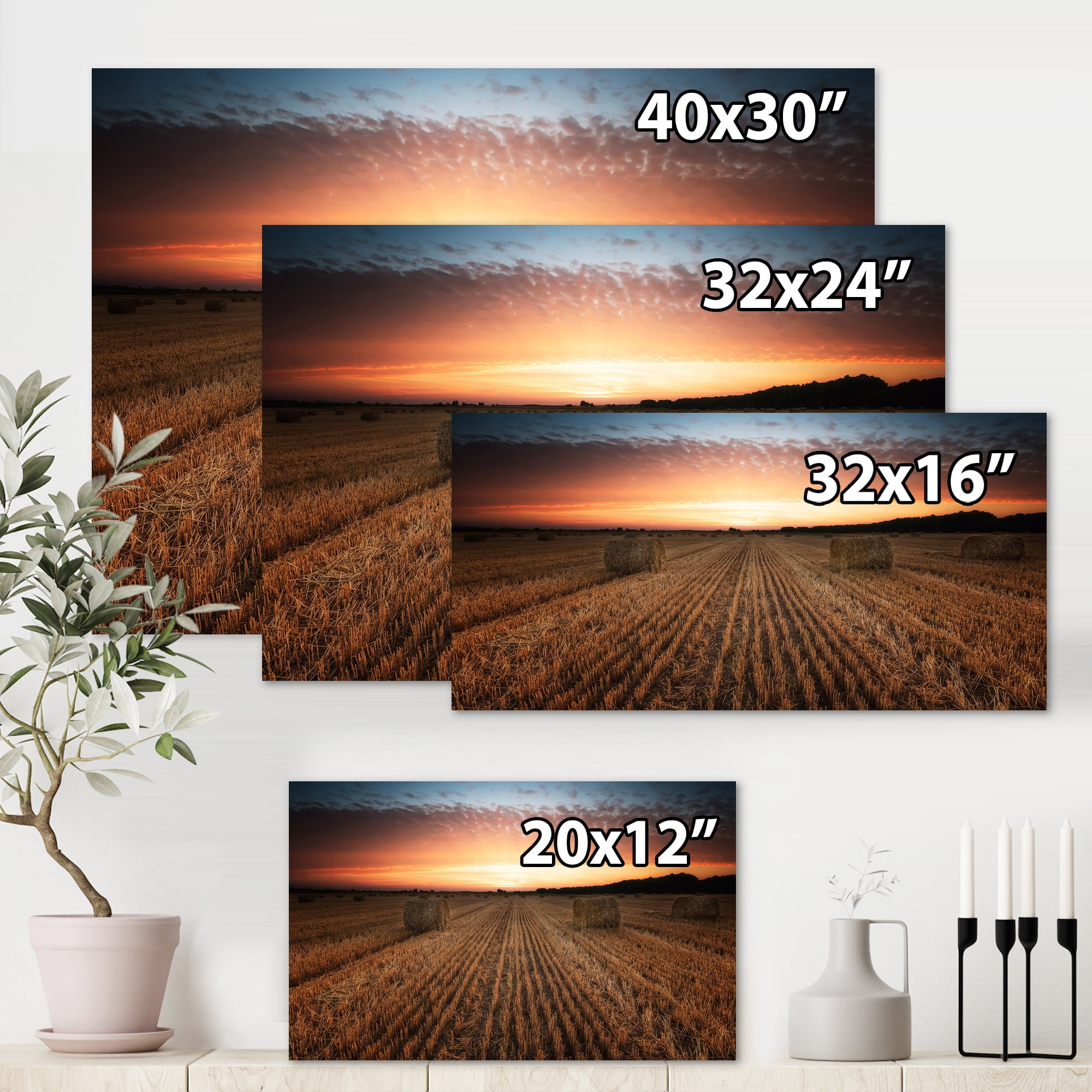 A Field Full of Hay Bales At Sunset Landscape 32 in x 16 in Photography Canvas Art Print, by Designart