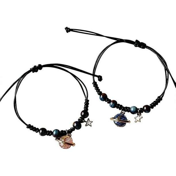Liangnv Pulseras de la Amistad Planeta Luna Estrella Saturno Bff Pulseras para Pareja Novio Novia Mejor Amigo (Negro)