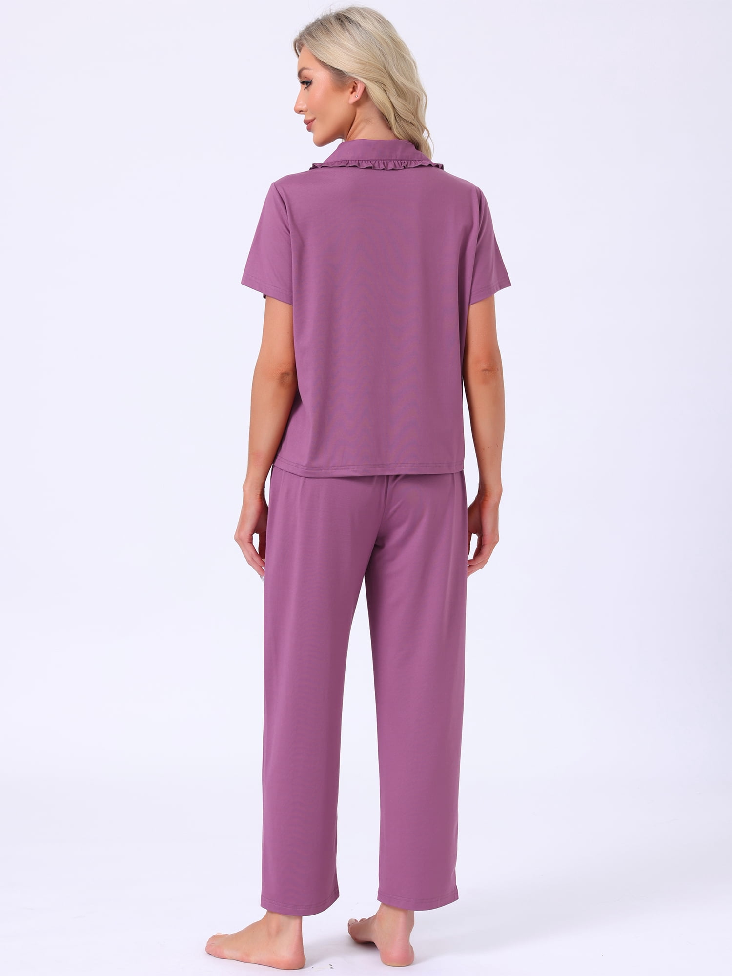 DARING DIVA Women's Pajama Sets Button Down Ruffle Collar Short Sleeve Shirt L Purple
