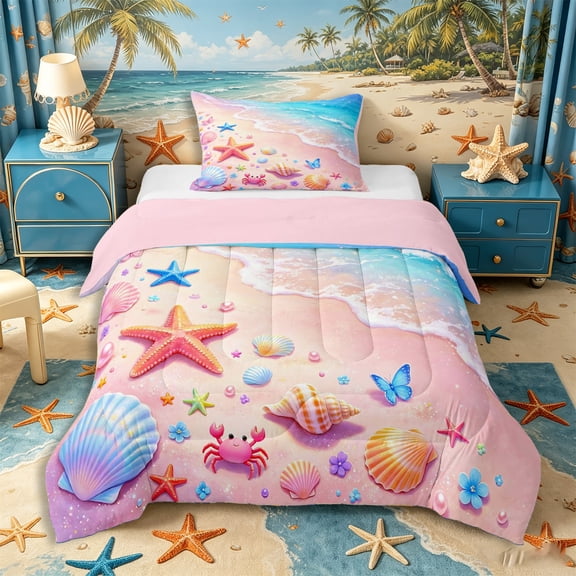 Castle Fairy Kawaii Pastel Beach Scene Twin Comforter Sets 2pcs,Crab Butterfly Seashell Sand Print Bedding Set,Pink Sky,Pink Reversible,1 Comforter and 1 Pillowcase