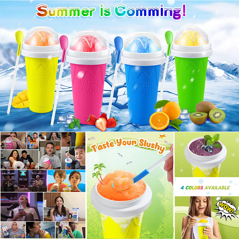 Slushie Maker Cup,Magic Quick Frozen Smoothies Cup with Lids&Straws,Double  Layer Silicone Squeeze Slushy DIY Cooling Cup,Homemade Milk Shake Coca Cola  Ice Maker Gifts for Kids&Family-Blue 
