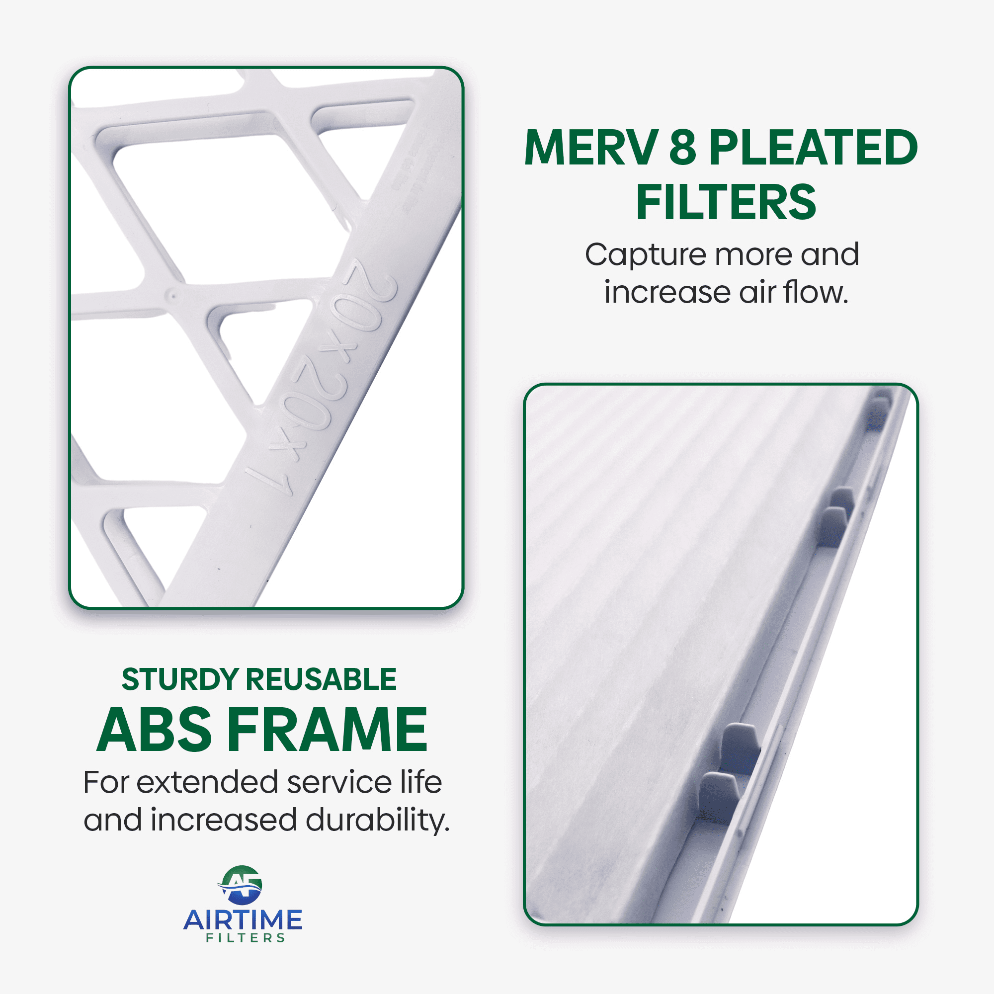 Airtime Filters Reusable 20x20x1 Merv 8 Air Filter, ABS Plastic Frame with 6 Pleated Filters for Cost-Effective Indoor Air Filtration
