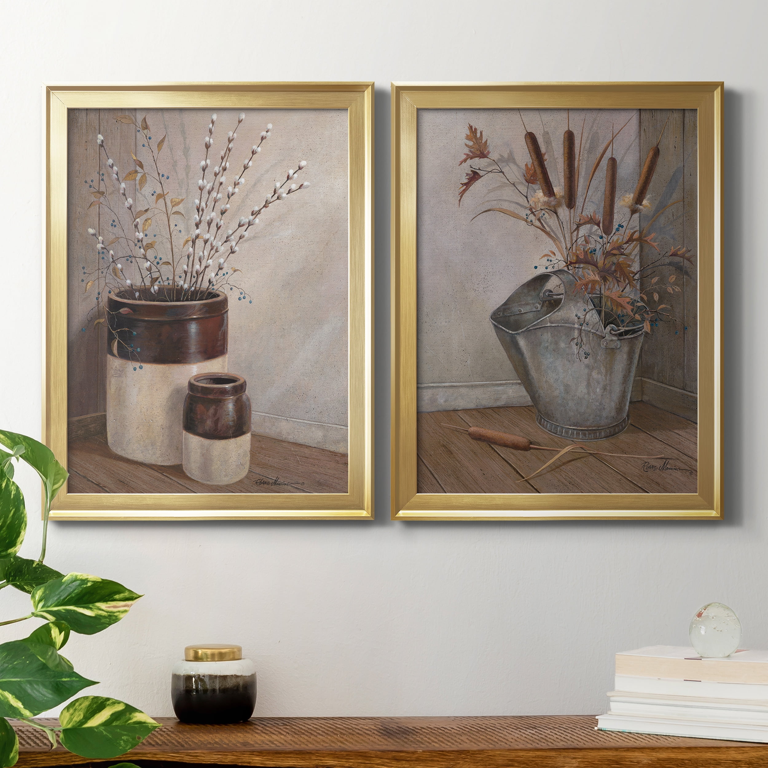 2 Piece Set Pussywillows & Spring Premium Framed Canvas - Ready to Hang - 18.5 x 24.5 Each - Gold Frame