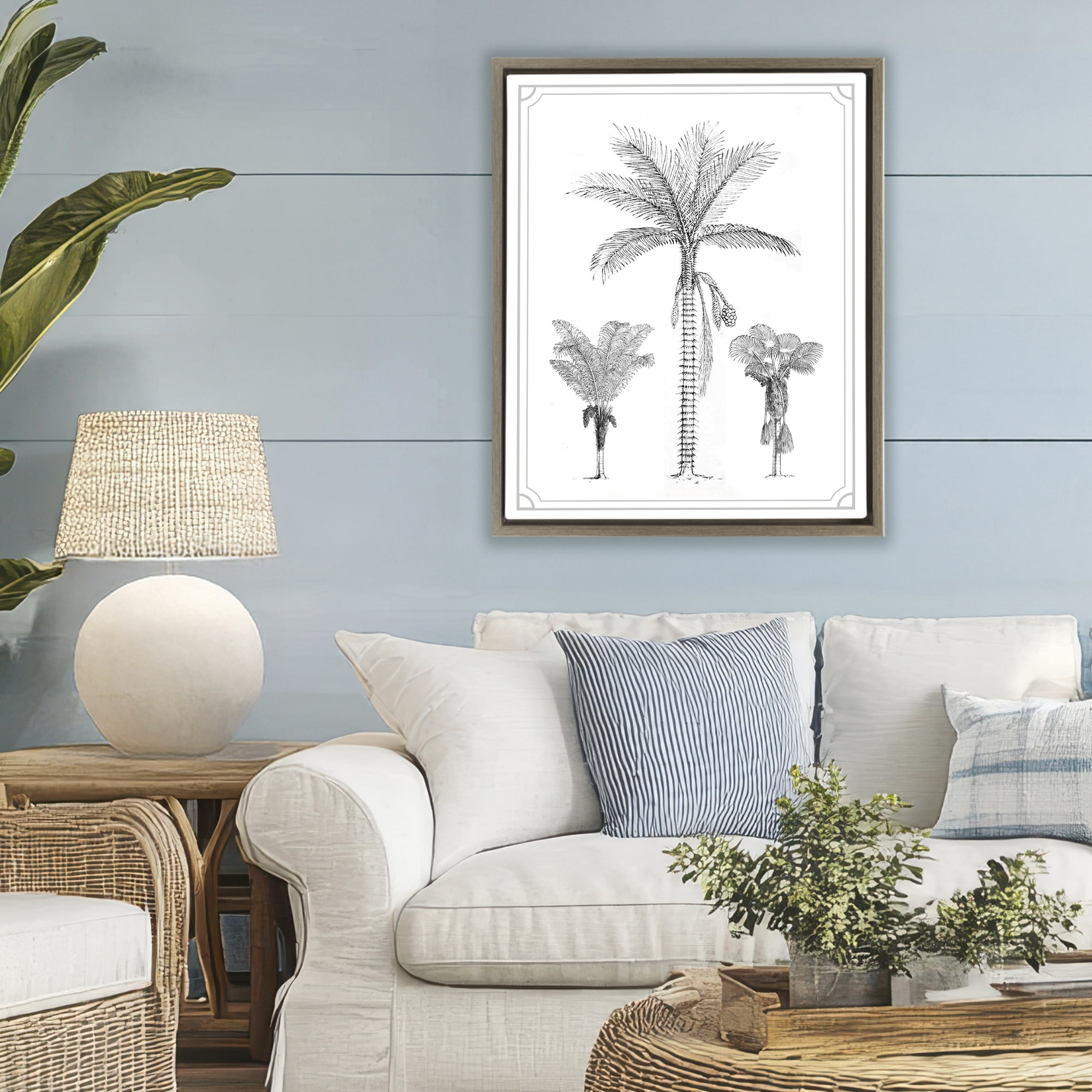 Palm Tree Trio Sketches Brown Framed Floater Canvas Wall Art, design by Lettered and Lined