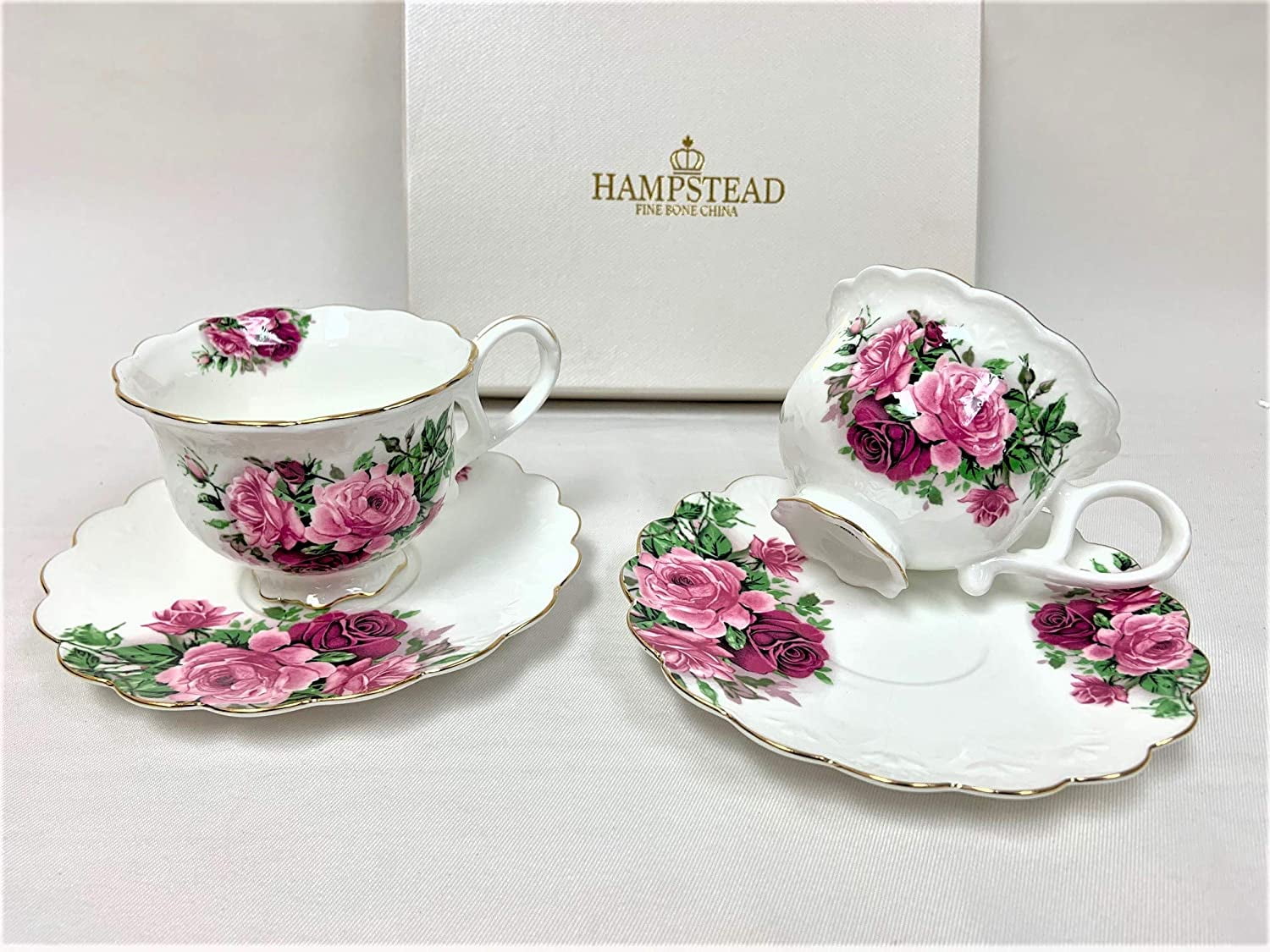 Hampstead Collection Pink Roses 8Ounce Porcelain Tea Cups and Saucers