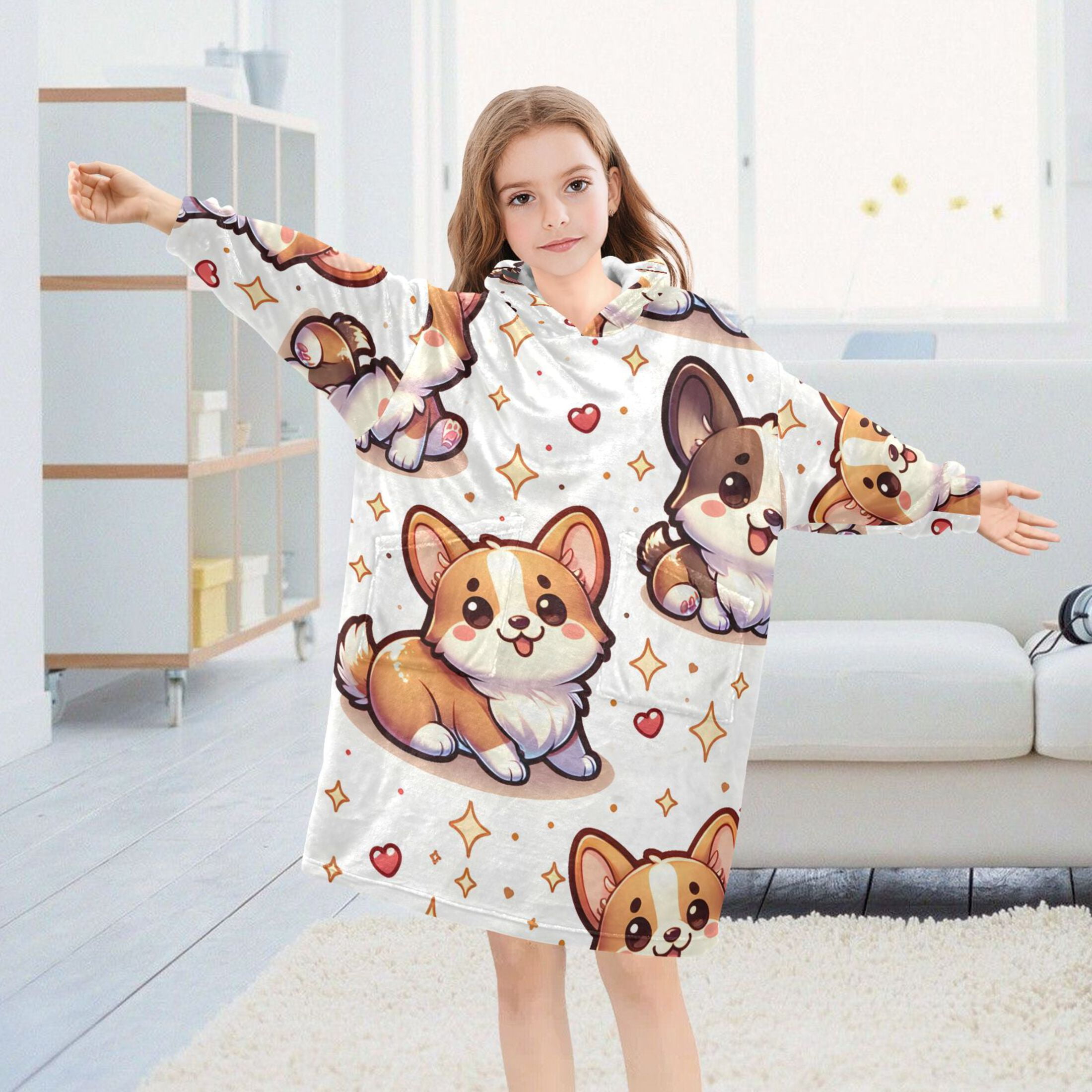 joogoo Wearable Blanket Hoodie for Kids Cute Corgi Dogs Stars Flannel Oversized Sweatshirt 3-14 Years M